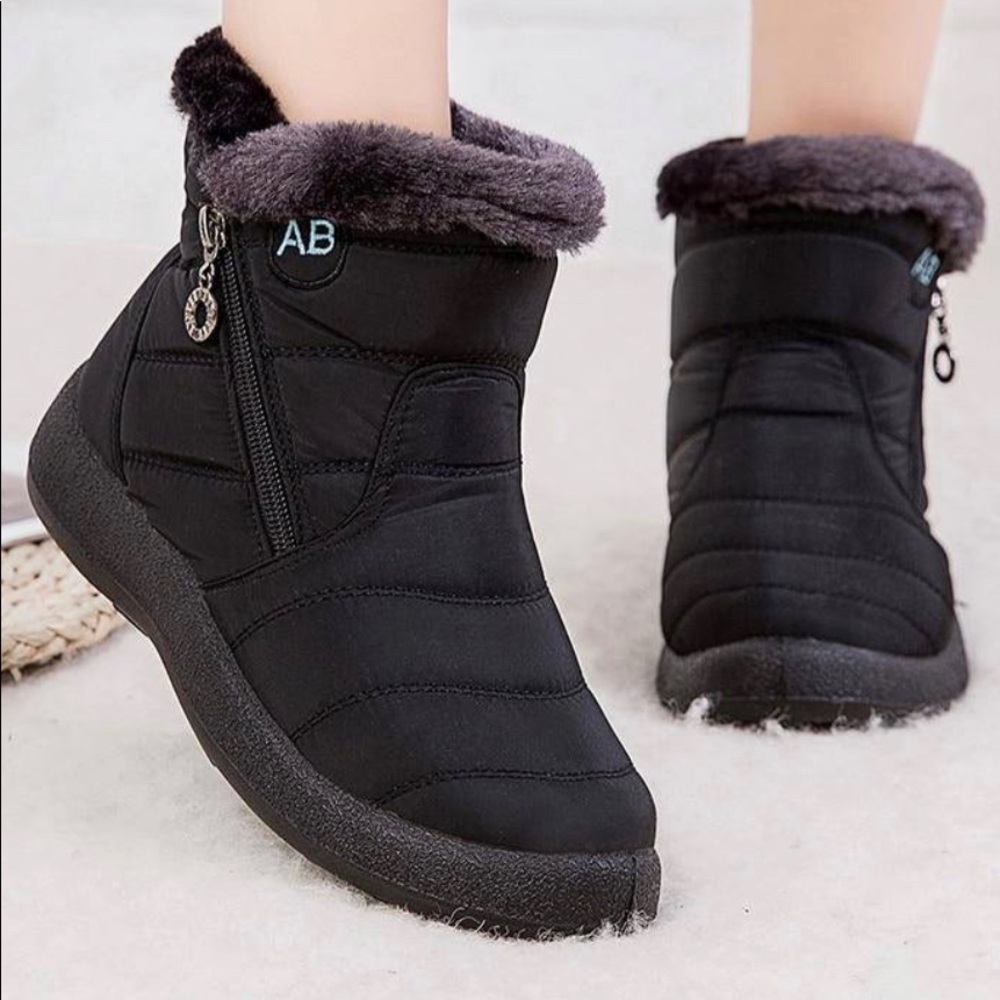 AB Black Fur Lined Waterproof Winter Booties, still sealed in package brand new!
